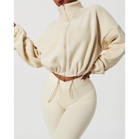 Women's Ivory Zip Fleece Warm Winter Long Sleeve Stand Collar Sherpa Jacket - Picture 5 of 6